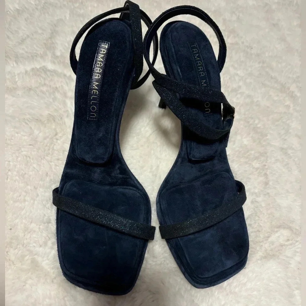 Tamara Mellon Solitude 100 Glitter Suede Pillow Top Strappy Sandals